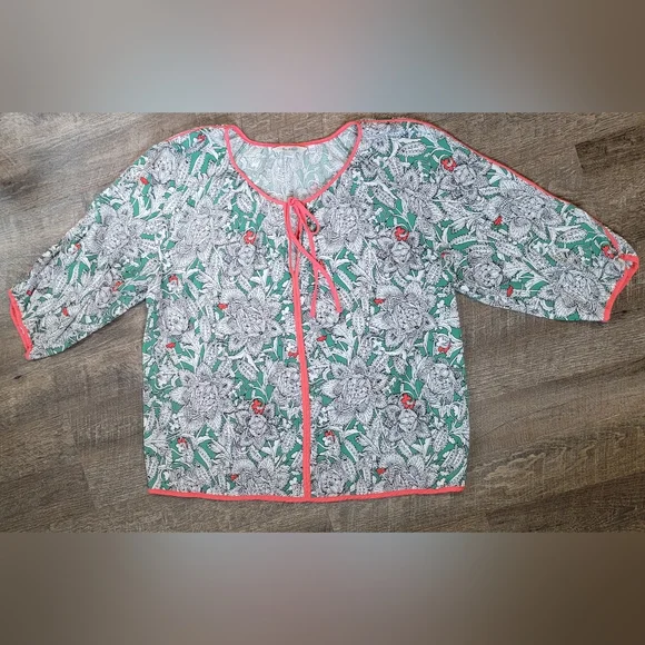 Boden Paisley Floral Peasant Blouse Women's 14 Green Coral Flowy Boho Baggy EUC - Picture 5 of 5